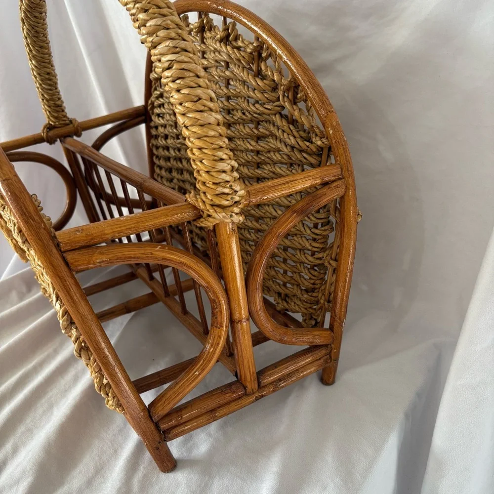 Vintage 70s rattan wicker magazine rack flower tan boho cottagecore home decor